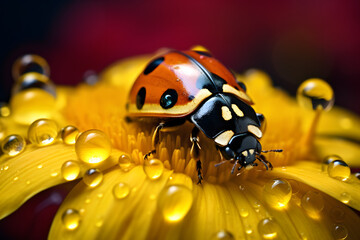 a shot of a lady bug on yellow flower, with water droplets, warm natural light, backlit. generative ai.