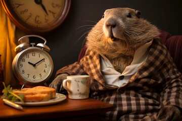 Groundhog Dressed in a Cozy Jacket Having Breakfast and Enjoying a Cup of Tea or Coffee. Vintage...