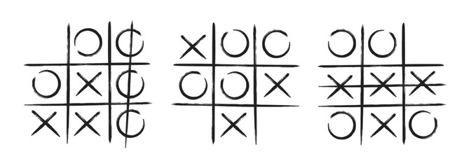 Tic tac toe xo game hand drawn grid doodle template vector illustration set isolated on white background - obrazy, fototapety, plakaty