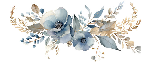 Blue floral watercolor elements for wedding invitation clipart