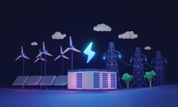 Grid scale energy storage and electricity production 3D illustration concept