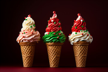 three Christmas tree shaped ice cream cones in red green and gold colors, festive holiday vibes