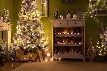 Beautiful holdiay decorated room with Christmas tree with presents under it