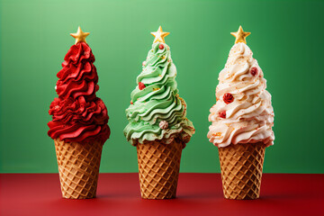 three Christmas tree shaped ice cream cones in red green and gold colors, festive holiday vibes - obrazy, fototapety, plakaty
