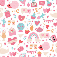 Valentine's day seamless pattern with hand drawn doodles, cartoon elements for wallpaper, backgrounds, wrapping paper, textile prints, stationary, etc. EPS 10