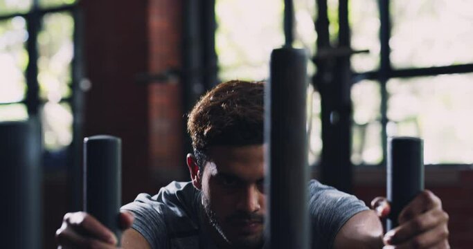 Gym, power or man push sled for workout, sports club fitness or endurance exercise challenge, resilience or performance. Strong, active cardio or bodybuilder training, discipline or strength building