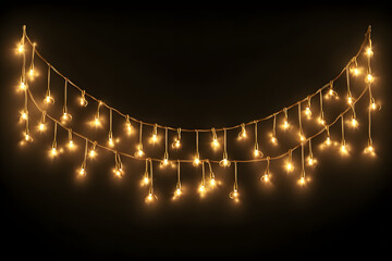 Christmas garland isolated on transparent background. Glowing yellow light bulbs with sparkles. Xmas, New Year, wedding or Birthday decor. Party event decoration. Winter holiday season. generative ai.