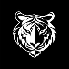 A Tiger head logo, in the style of black and white art. Illustration on black background