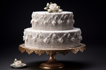An image capturing the elegance of a tiered and isolated birthday cake, featuring intricate lace-like patterns and delicate edible embellishments.
