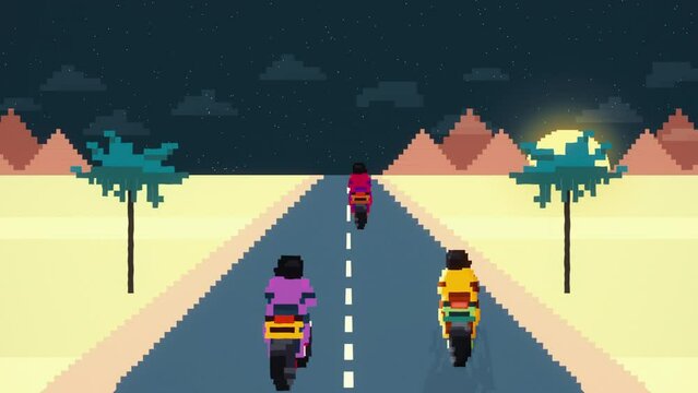 Retro racing motorcycle game in 8-bit style with other motorcycles competing, Animated video arcade, pixel, 2D