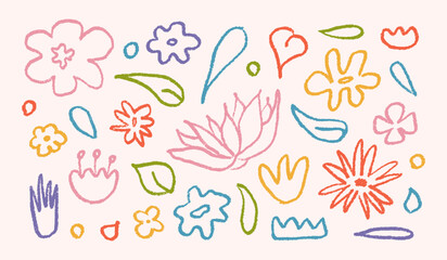 Set hand drawn in color brush linear flowers. Abstract modern background with plants