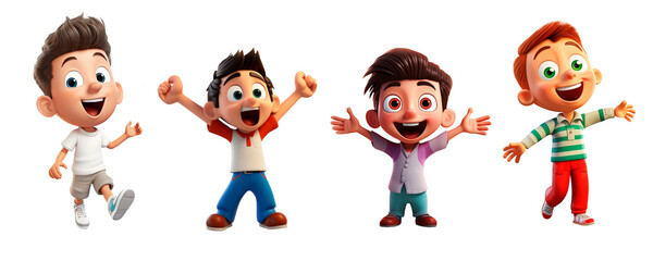 Set of jumping happy 3d boy character isolated on transparent 