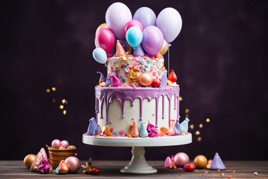 An image of a whimsical and fun birthday cake with colorful layers, topped with playful fondant decorations like balloons and confetti.