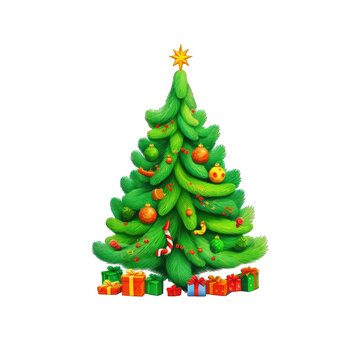 A bright multicolored Christmas tree painted with oil paints carved on a transparent background. New Year's clip art