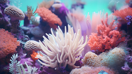 Naklejka na ściany i meble coral reef macro : texture, abstract marine ecosystem background on a coral reef. generative ai.