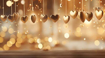 Golden hanging hearts on string with gold light bokeh background for wedding, Valentines day, love concept