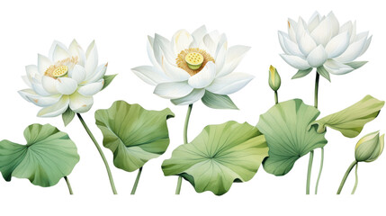 Obraz premium White lotus set, watercolor botanical illustration Hand-drawn floral illustration isolated on a white background isolated on white or transparent background