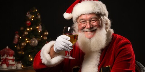 Portrait of Santa Claus toasting with glass of wine. Decorated Christmas tree in background.