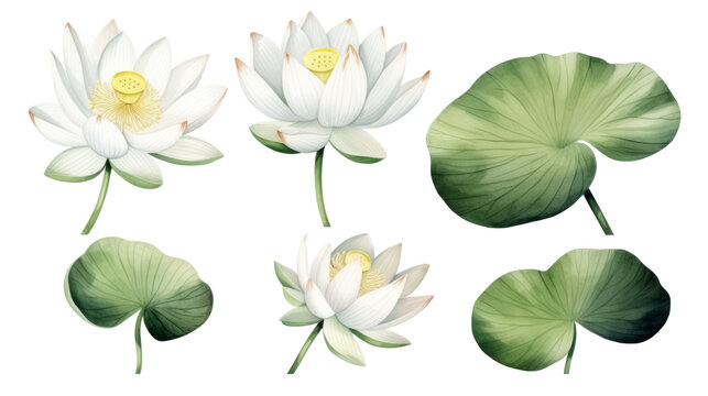 White lotus set, watercolor botanical illustration Hand-drawn floral illustration isolated on a white background isolated on white or transparent background © ND STOCK