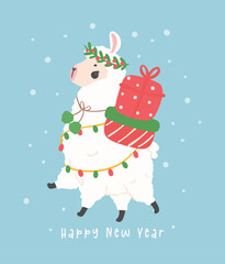 cute Christmas llama, Valentine Llama greeting card in winter theme, kawaii cartoon hand drawing illustration