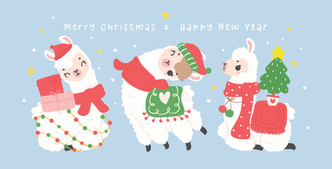Obraz na płótnie Canvas Cute Christmas llamas greeting card banner in winter theme, kawaii Happy New Year cartoon Animal hand drawing illustration
