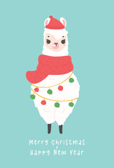 Cute Christmas llama with hat greeting card in winter theme, kawaii Happy New Year cartoon Animal hand drawing illustration