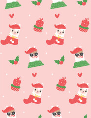 Cute Christmas llama seamless pattern isolate on pink background.