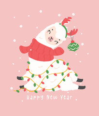 cute Christmas llama, Valentine Llama greeting card in winter theme, kawaii cartoon hand drawing illustration