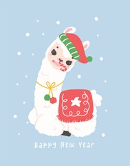 cute Christmas llama greeting card in winter theme, kawaii cartoon hand drawing illustration