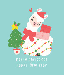 Cute Christmas llama greeting card in winter theme, kawaii Happy New Year cartoon Animal hand drawing illustration