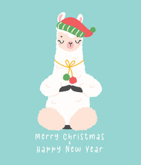 Cute Christmas llama doing meditation greeting card in winter theme, kawaii Happy New Year cartoon Animal hand drawing illustration