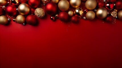 Red and Golden christmas ball glasses in the red solid background and copyspace area. Christmas background for celebration.