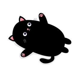 Laying sad cat. Pink paw print, cheeks. Funny face head. Cute black kitten. Cartoon baby character. Funny kawaii animal. Pet collection. Sticker print. Flat design. White background. Isolated.