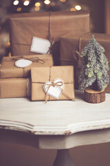 Eco christmas holiday concept, Christmas gift zero waste, hand made gifts in kraft paper