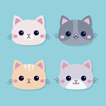 Cat set. Face head round icon. Different breeds and patterns, emotions, colors. Cute kitten, kitty. Cartoon kawaii funny baby character. Sticker print. Flat design. Blue background.