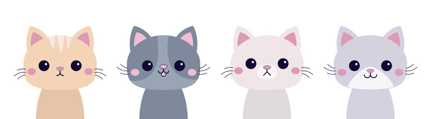 Funny kitten, kitty. Cute cat icon set. Cartoon kawaii baby character. Different breeds and patterns, emotions, colors. Line banner. Flat design. White background. Isolated.