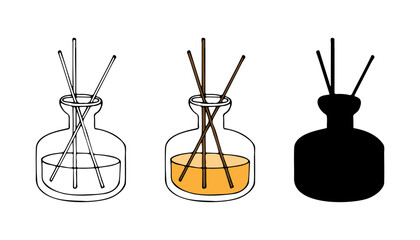 Aroma candle  hand drawn art. Doodle vector outline, color illustration. Set sketch and black silhouette picture