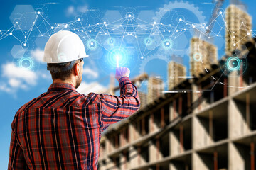 Construction technology banner background. Construction site with cranes, fittings and concrete.