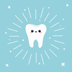 Tooth icon Smiling face. Cute cartoon kawaii character. Round line circle. Shining effect stars. Oral dental hygiene. Healthy whitening. Children teeth care. Blue background. Flat design.