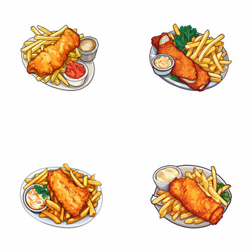 set of fish and chips watercolor illustrations