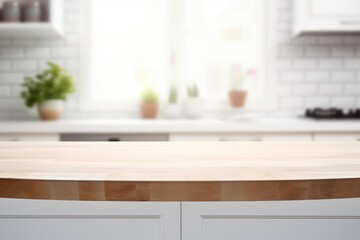 Fototapeta na wymiar Soft Focus Serenity: Warm Wooden Tabletop against a Blurred Kitchen Backdrop