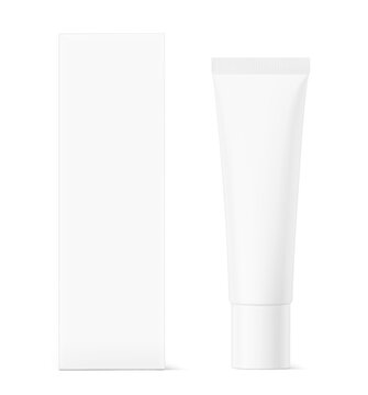 Blank plastic tube mockup for cosmetics with paperboard box packaging. Front view. Vector illustration isolated on white background. Can be use for your design, advertising, promo and etc. EPS10.