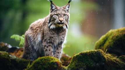 Obraz premium Lynx in winter. Young Eurasian lynx, walks in snowy beech forest. Beautiful wild cat in nature
