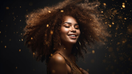 A beautifull  woman with an afro smiling bokeh out of focus background