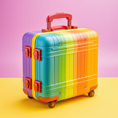 Rainbow colored suitcase isolated on color background
