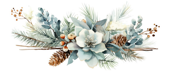 Watercolor floral Christmas winter bouquets isolated on transparent background