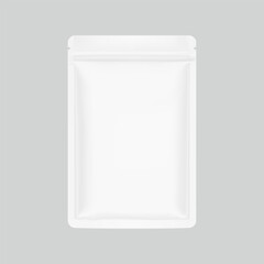 Resealable mylar bag mockup with zip lock and tear notch. Realistic vector illustration isolated on grey background. Flat lay view. Packaging for cosmetic, food, pet. Ready for your design. EPS10. © realstockvector