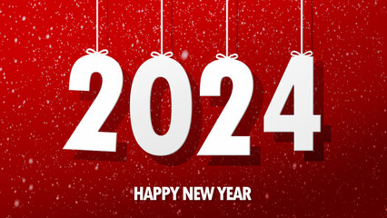 Happy New Year 2024 with snow on red background. New Year 2024