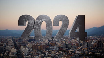 Welcome to the new year 2024. The huge 2024 structure towers over the city in grand style. 3D Rendering