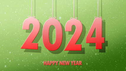 Happy New Year 2024 with snow on green background. New Year 2024
